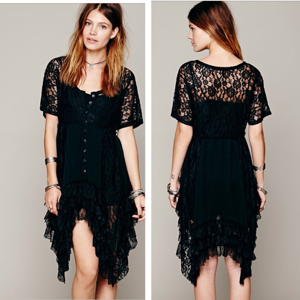 Free people black prairie ruffle lace dress